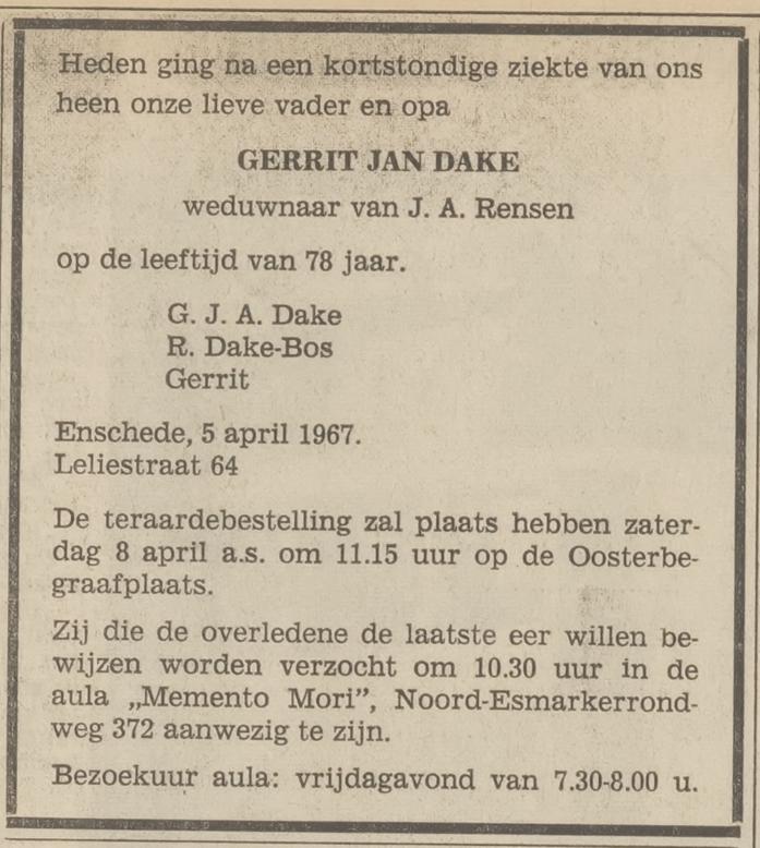Leliestraat 66 G.J.Dake overlijdensadvertentie Tubantia 6-4-1967.jpg