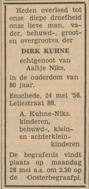 Leliestraat 88 Dirk Kuhne overlijdensadvertentie Tubantia 25-5-1956.jpg