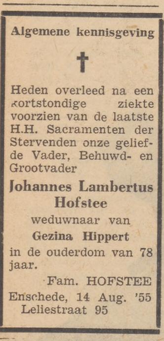 Leliestraat 95 J.L.Hofstee overlijdensadvertentie Twentsche courant 16-8-1955.jpg