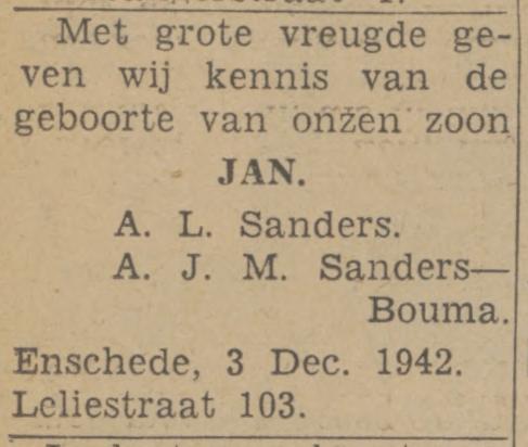 Leliestraat 103 A.L.Sanders advertentie Twentsch nieuwsblad 4-12-1942.jpg