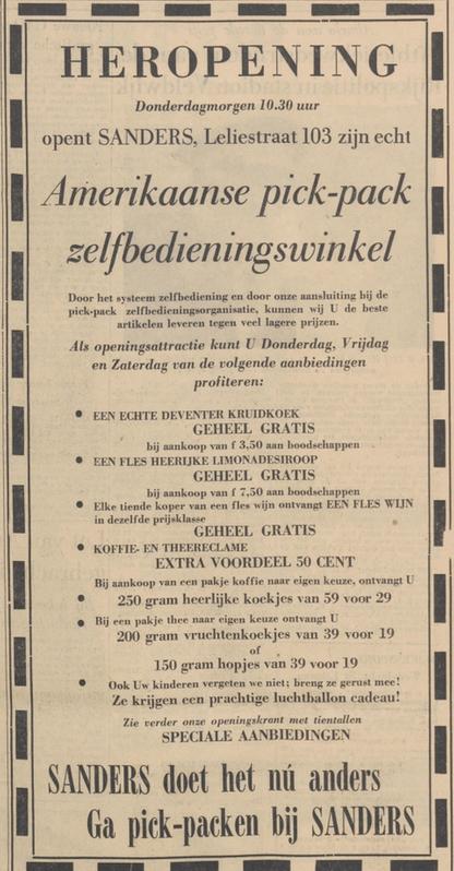Leleliestraat 103 heropening Sanders zelfbedieningswinkel advertentie Twentsche courant 13-7-1955.jpg