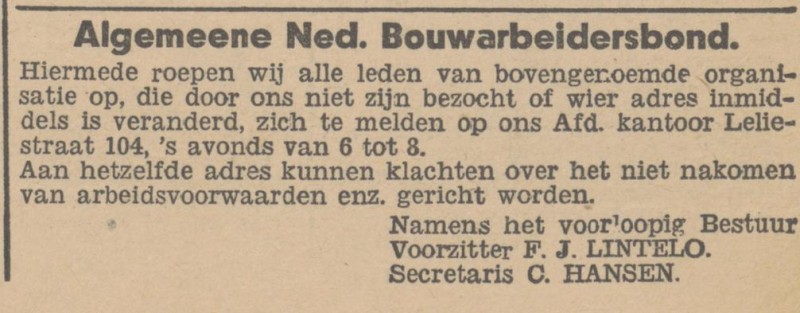Leliestraat 104 F.J. te Lintelo Algemeene Ned. Bouwarbeidersbond advertentie 26-5-1945.jpg