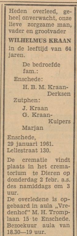 Leliestraat 130 W.Kraan overlijdensadvertentie Tubantia 31-1-1961.jpg