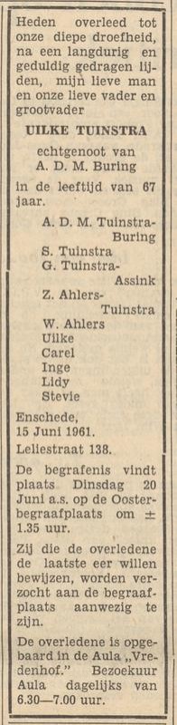 Leliestraat 138 Uilke Tuinstra overlijdensadvetentie Tubantia 17-6-1961.jpg