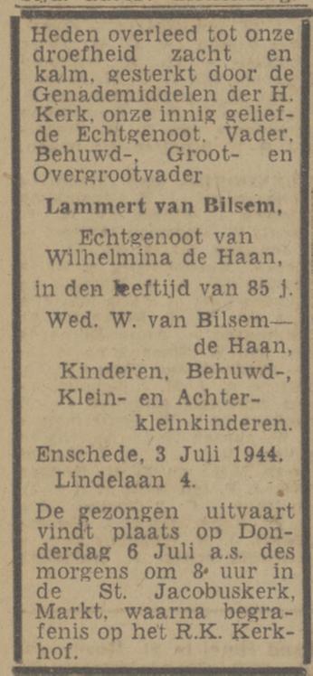 Lindelaan 4 Lammert van Bilsem overlijdensadvertentie Twentsch nieuwsblad 4-7-1944.jpg