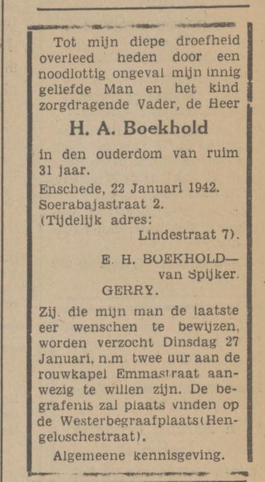 Lindestraat 7 H.A.Boekhold overlijdensadvertentie Tubantia 23-1-1942.jpg