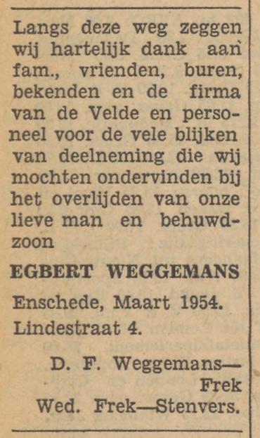 Lindestraat 4 Egbert Weggemans advertentie Tubantia 3-3-1954.jpg