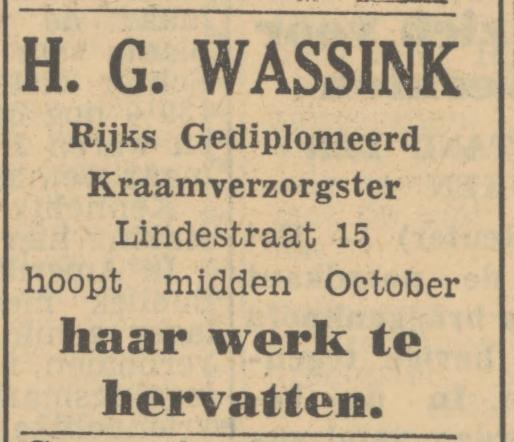 Lindestraat 15 H.G.Wassink advertentie Tubantia 18-9--1950.jpg