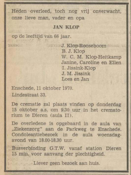 Lindestraat 33 Jan Klop overlijdensadvertentie Tubantia 13-10-1970.jpg