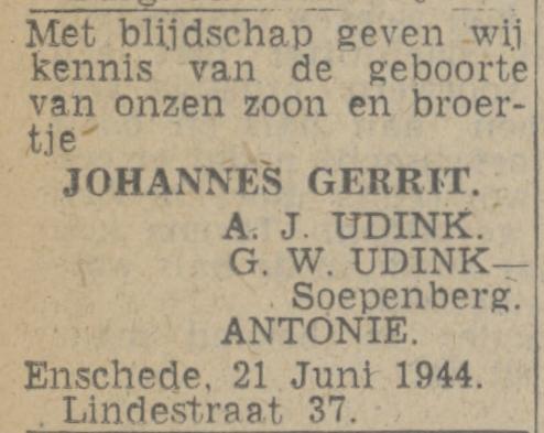 Lindestraat 37 A.J.Udink advertentie Twentsch nieuwsblad 22-6-1944.jpg
