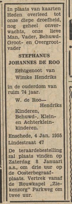 Lindestraat 47 St.Joh. de Roo overlijdensadvertentie Tubantia 5-1-1955.jpg