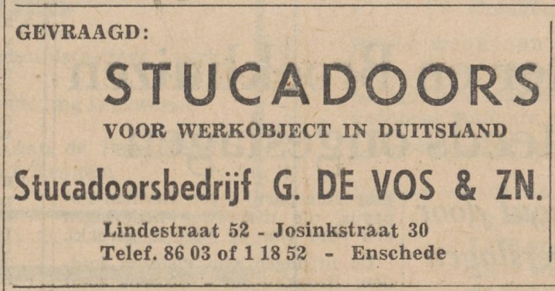 Lindestraat 52 Stucadorsbedrijf G. de Vos & Zn advertentie Tubantia 3-2-1962.jpg