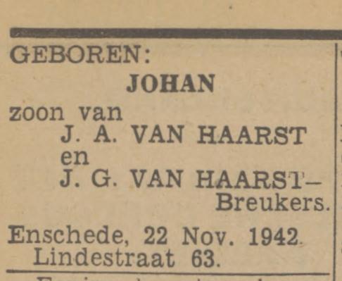 Lindestraat 63 J.A. van Haarst advertentie Tubantia 23-11-1942.jpg