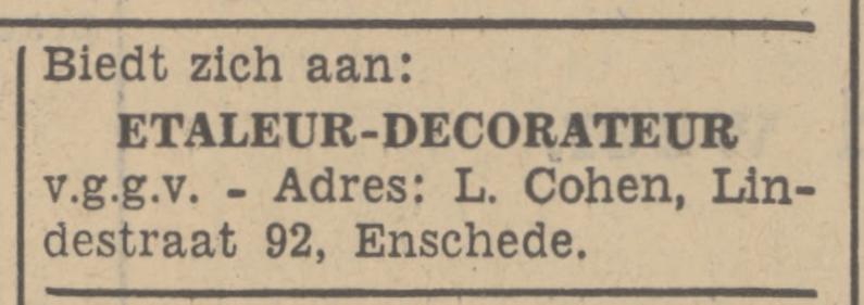 Lindestraat 92 L. Cohen etaleur decorateur advertentie Tubantia 29-10-1938.jpg