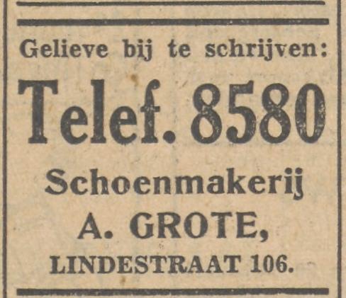 Lindestraat 106 schoenmakerrij A.Grote advertentie Tubantia 12-1-1952.jpg
