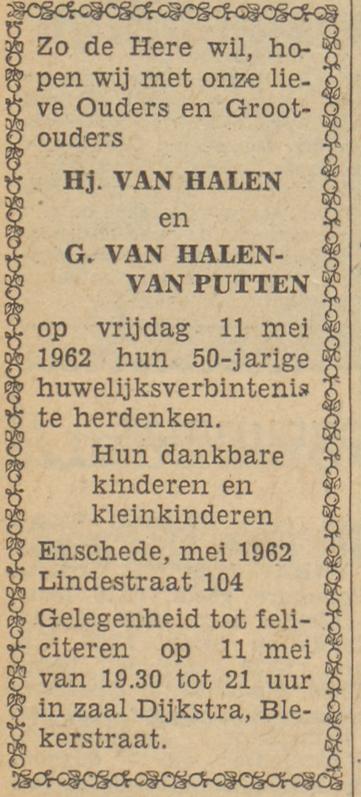 Lindestraat 104 H. van Halen advertentie Tubantia 8-5-1962.jpg