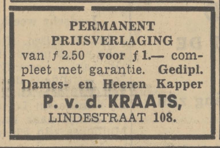 Lindestraat 108 P. van de Kraats dames- en herenkapper advertentie Tubantia 6-12-1938.jpg