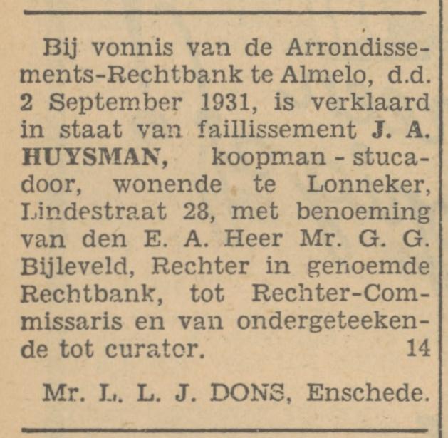 Lindestraat 28 J.A. Huysman stucadoor krantenbericht Tubantia 4-9-1931.jpg