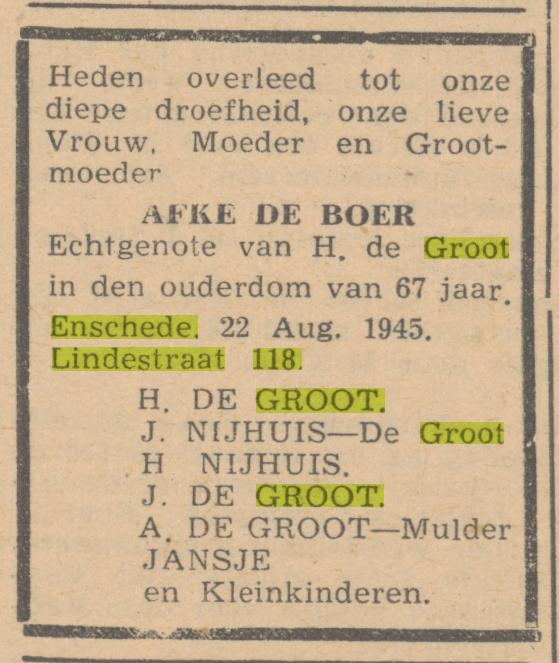 Lindestraat 118 A. de Goot-de Boer overlijdensadvertentie 25-8-1945.jpg