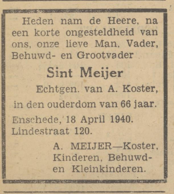 Lindestraat 120 Sint Meijer overlijdensadvertentie Tubantia 18-4-1940.jpg
