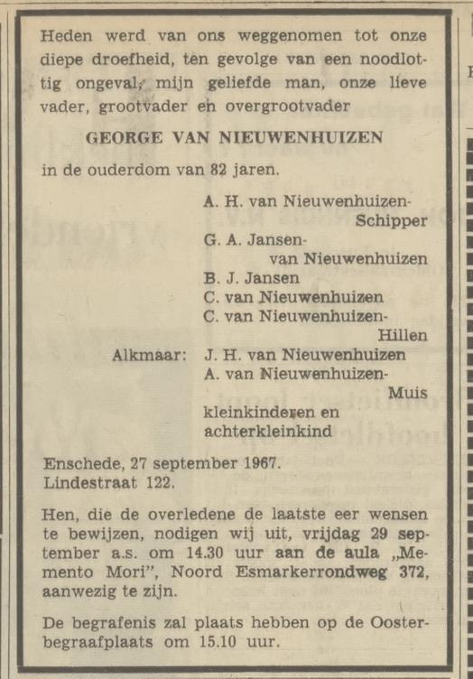 Lindestraat 124 G. van Nieuwenhuizen overlijdensadvertentie Tubantia 28-9-1967.jpg