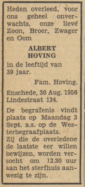 Lindestraat 134 Albert Hoving overlijdensadvertentie Tubantia 31-8-1956.jpg