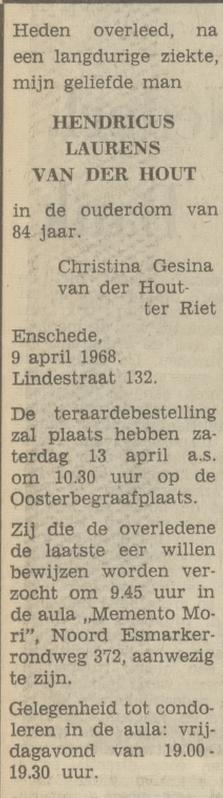 Lindestraat 132 H.L. van der Hout overlijdensadvertentie Tubantia 11-4-1968.jpg
