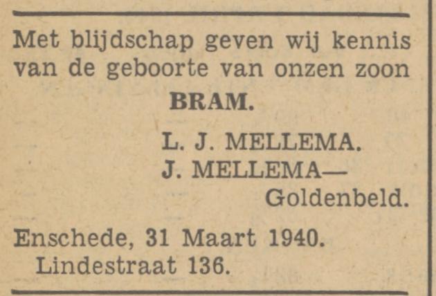 Lindestraat 130 L.J. Jellema advertentie Tubantia 1-4-1940.jpg