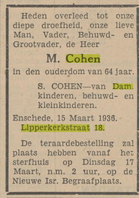 Lipperkerkstraat 18 M.Cohen overlijdensadvertentie Tubantia 16-3-1936.jpg