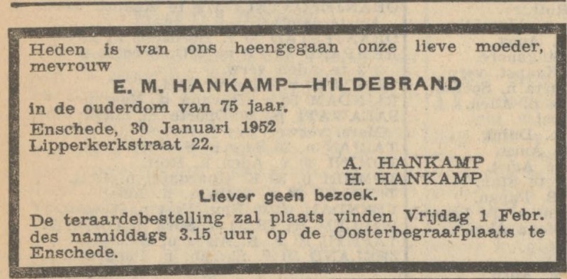 Lipperkerkstraat 22 E.M.Hankamp-Hildebrand overlijdensadvertentie Algemeen Handelsblad 31-1-1952.jpg