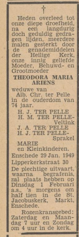 Lipperkerkstraat 30 Wed. Th.M. ter Pelle-Ariens overlijdensadvertentie Tubantia 31-1-1949.jpg