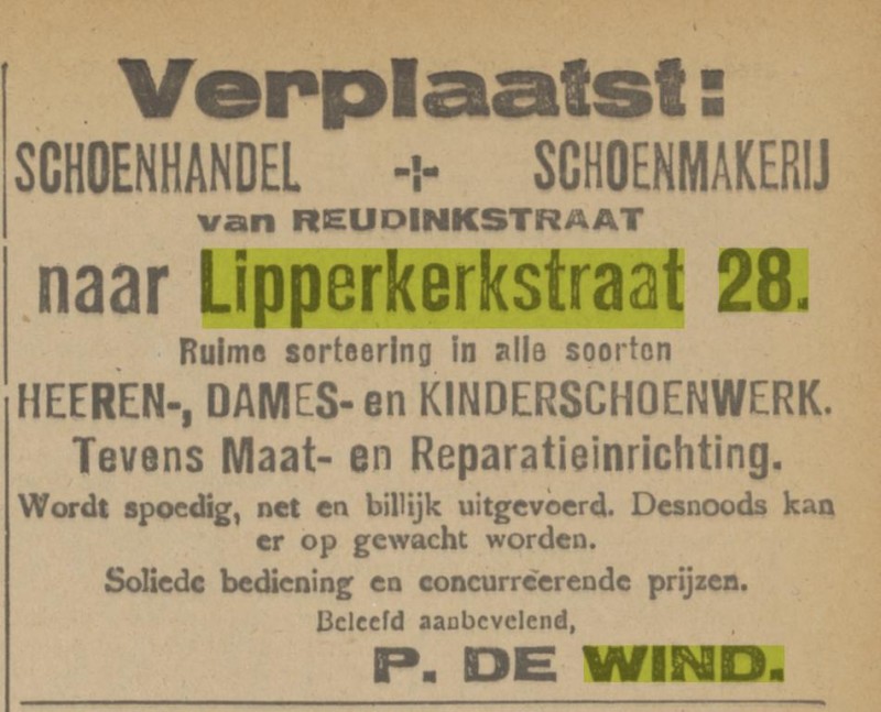 Lipperkerkstraat 28 Schoenhandel P. de Wind advertentie Tubantia 22-11-1920.jpg