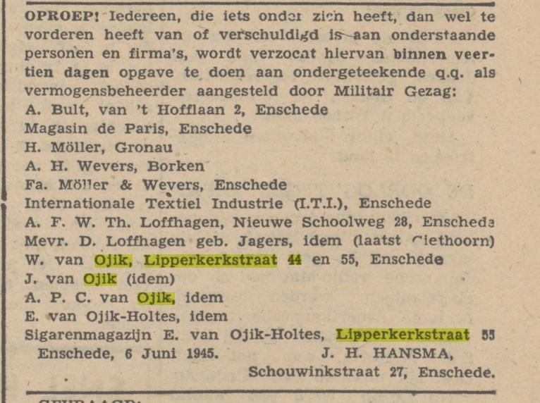 Lipperkerkstraat 44 W. van Ojik advertentie Twentsche courant 8-6-1945.jpg