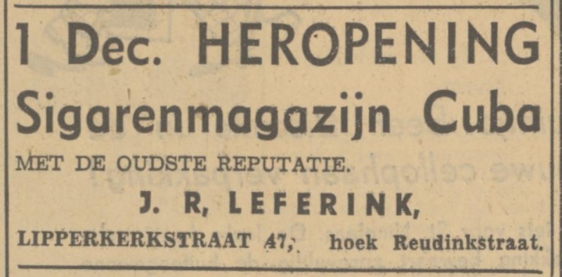 Lipperkerkstraat 47 sigarenmagazijn Cuba J.R. Leferink advertentie Tubantia 30-11-1949.jpg
