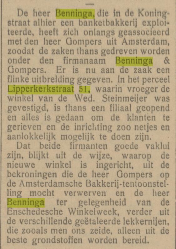 Lipperkerkstraat 51 banketbakkerij Benninga krantenbericht Tubantia 22-11-1921.jpg
