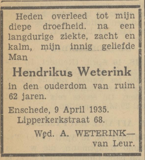 Lipperkerkstraat 68 Hendrikus Weterink overlijdensadvertentie Tubantia 10-4-1935.jpg