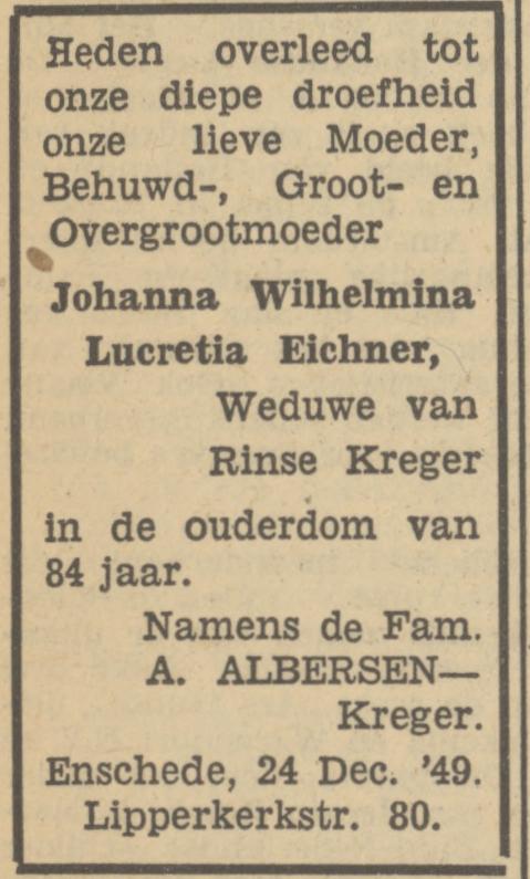 Lipperkerkstraat 80 Wed. J.W.L. Kreger-Eichner overlijdensadvertentie Tubantia 27-12-1949.jpg