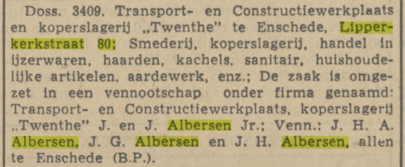 Lipperkerkstraat 80 J.H.A.Albersen smederij koperslagerij krantenbericht Tubantia 8-5-1941.jpg