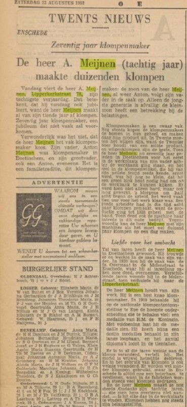 Lipperkerkstraat 78 A. Meijnen klompenmaker krantenbericht Tubantia 23-8-1952.jpg