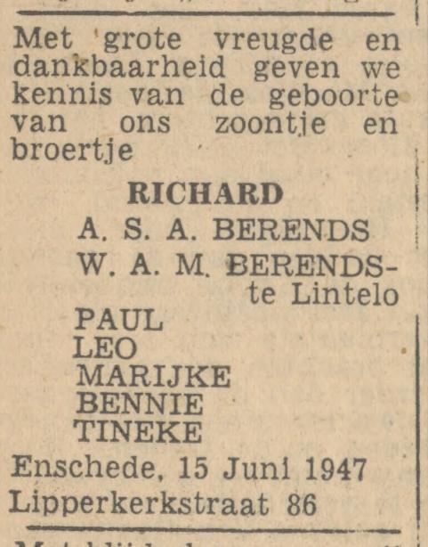 Lipperkerkstraat 86 W.A.M. Berends-te Lintelo advertentie Tubantia 16-6-1947.jpg