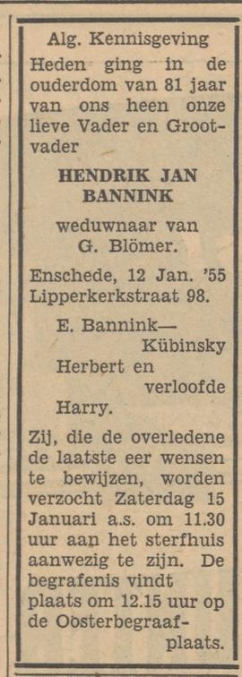 Lipperkerkstraat 98 H.J. Bannink overlijdensadvertentie Tubantia 13-1-1955.jpg