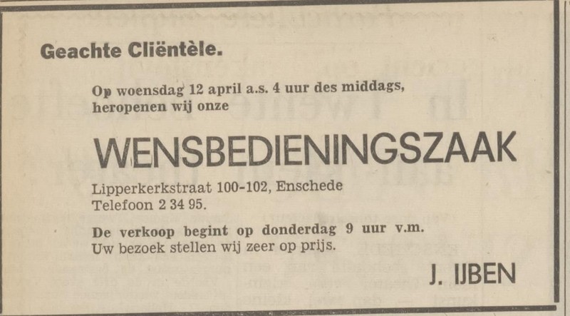 Lipperkerkstraat 100-102 wensbedieningszaak J. Ijben advertentie Tubantia 11-4-1967.jpg