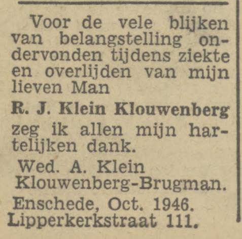Lipperkerkstraat 111 R.J. Klein Klouwenberg advertentie Tubantia 28-10-1946.jpg