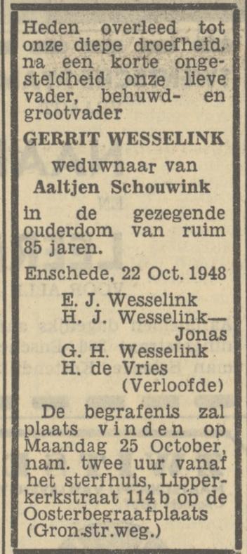Lipperkerkstraat 114b Gerrit Wesselink overlijdensadvertentie Tubantia 23-10-1948.jpg