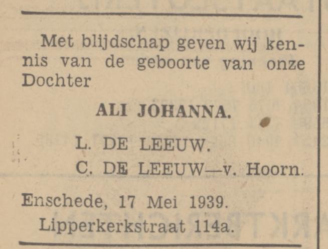Lipperkerkstraat 114a L. de Leeuw advertentie Tubantia 19-5-1939.jpg