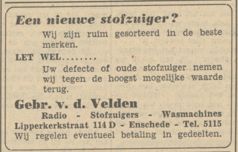 Lipperkerkstraat 114d Gebr. van der Velden radio stofzuigers advertentie Tubantia 17-11-1951.jpg