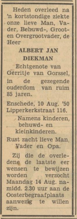 Lipperkerkstraat 116 A.J.Diekman overlijdensadvertentie Tubantia 10-8-1950.jpg
