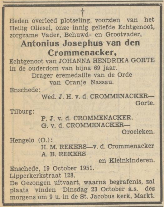 Lipperkerkstraat 128 A.J. van den Crommenackerm overlijdensadvertentie Tubantia 20-10-1951.jpg