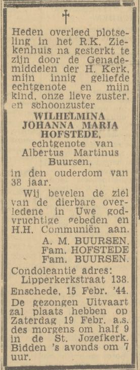 Lipperkerkstraat 138 J.W.M. Hofstede overlijdensadvertentie Twentsch nieuwsblad 17-2-1944.jpg