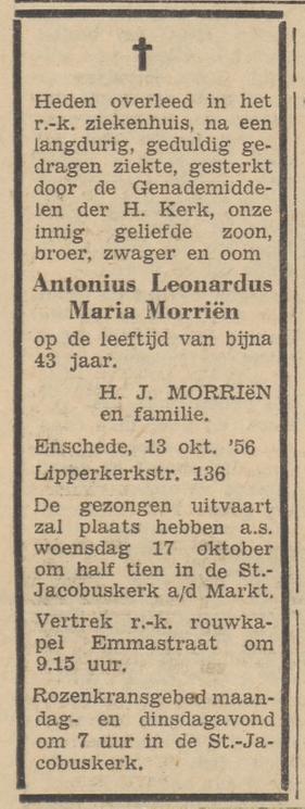 Lipperkerkstraat 136 A.L.M. Morrien overlijdensadvertentie Tubantia 15-10-1956.jpg